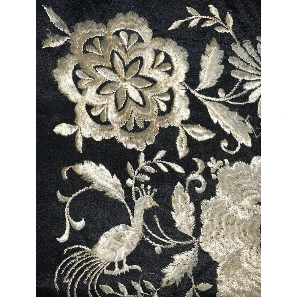 Antique Black Ivory Silk Floral w Peacocks Embroidered Manila Fashion Shawl READ